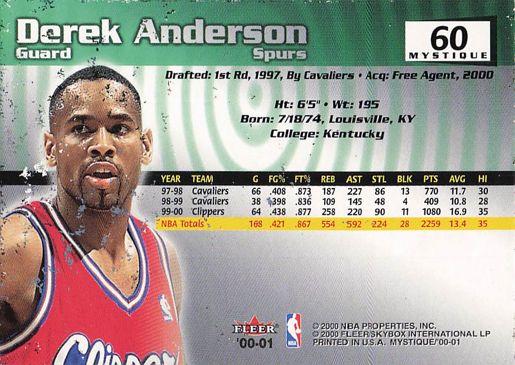 2000-01 Fleer Mystique Basketball Derek Anderson #60