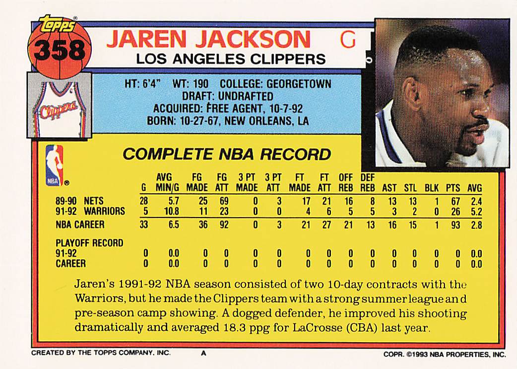 1992-93 Topps Basketball Jaren Jackson #358 Rookie