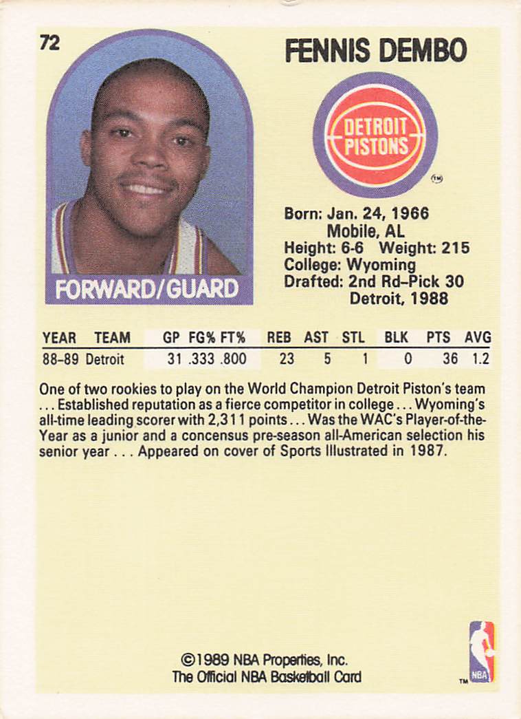 1989-90 Hoops Basketball Fennis Dembo #72 Rookie