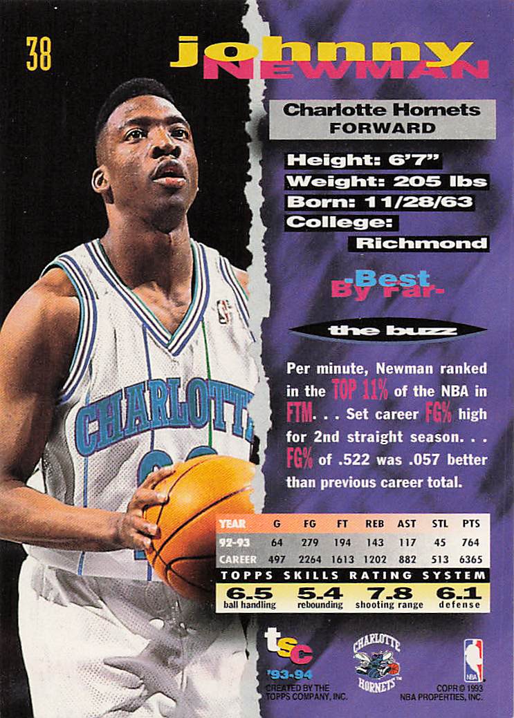 1993-94 Stadium Club Basketball Johnny Newman #38