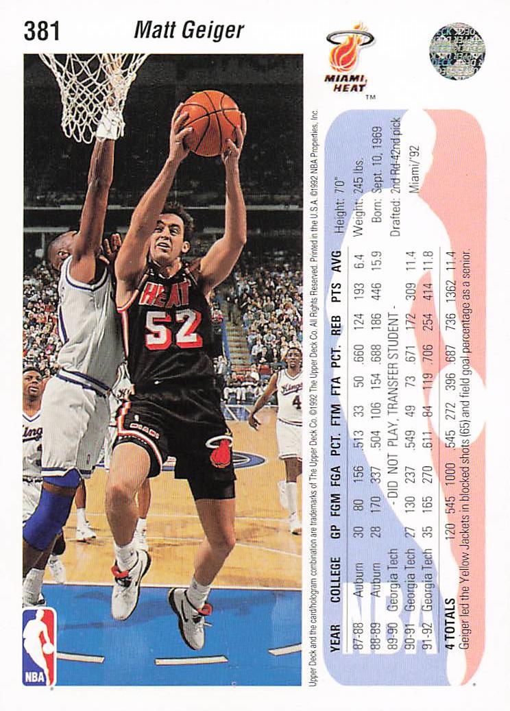 1992-93 Upper Deck Basketball Matt Geiger #381 Rookie