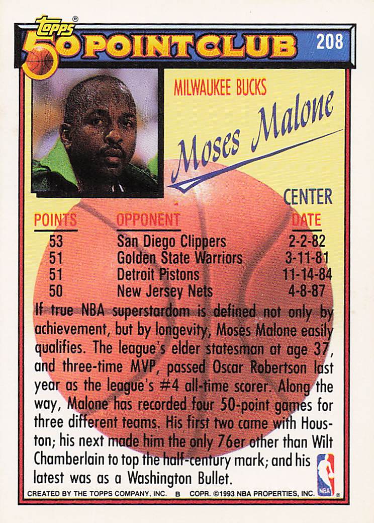 1992-93 Topps Basketball Gold Moses Malone #208