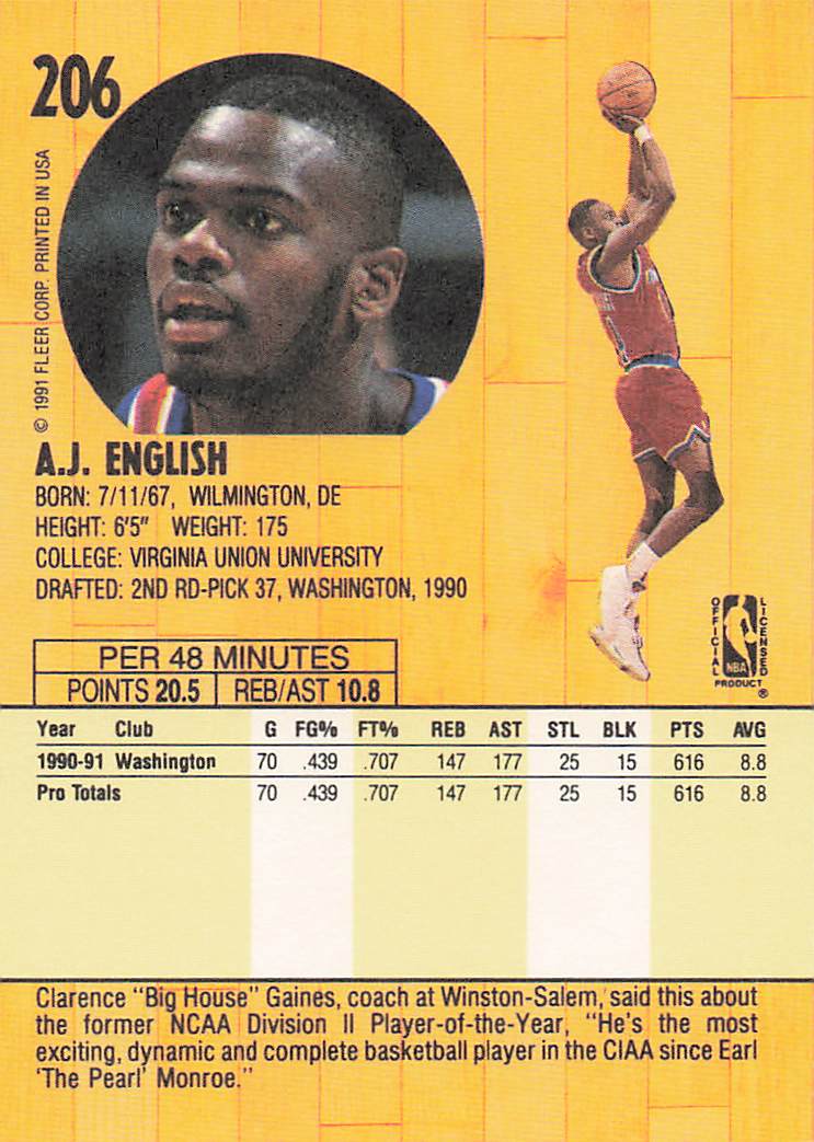 1991-92 Fleer Basketball A.J. English #206