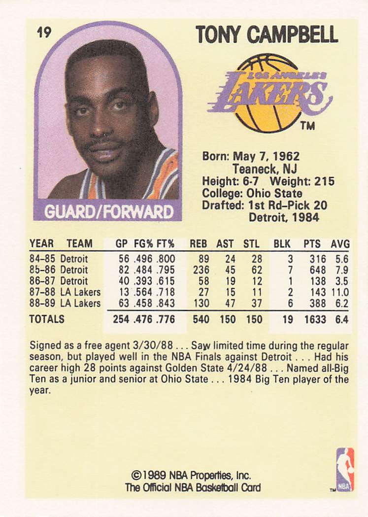 1989-90 Hoops Basketball Tony Campbell #19 Rookie