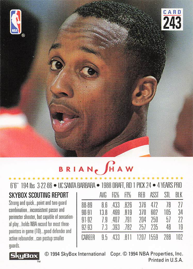 1993-94 SkyBox Premium Basketball Brian Shaw #243