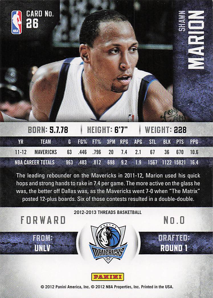 2012-13 Panini Threads Basketball Shawn Marion #26