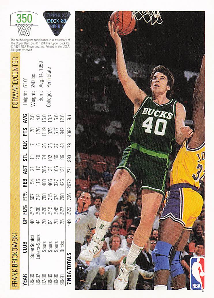 1991-92 Upper Deck Basketball Frank Brickowski #350b