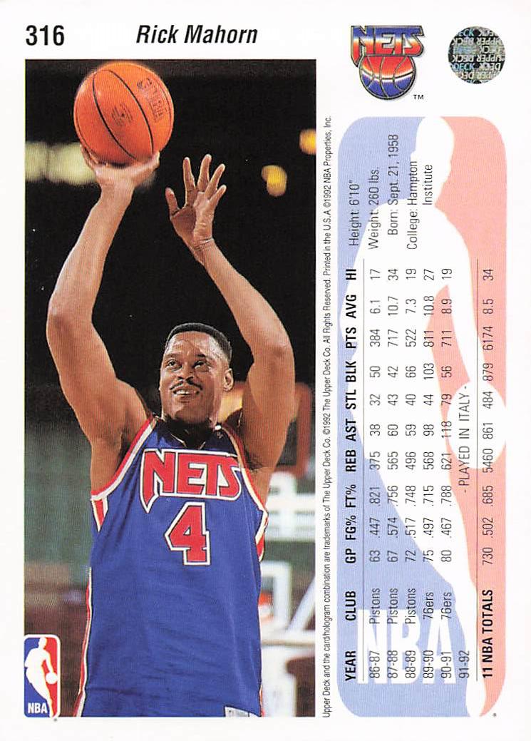 1992-93 Upper Deck Basketball Rick Mahorn #316