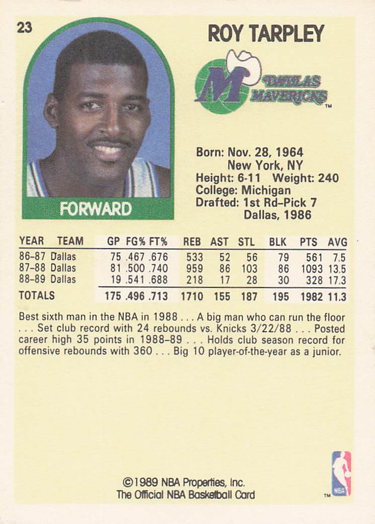 1989-90 Hoops Basketball Roy Tarpley #23