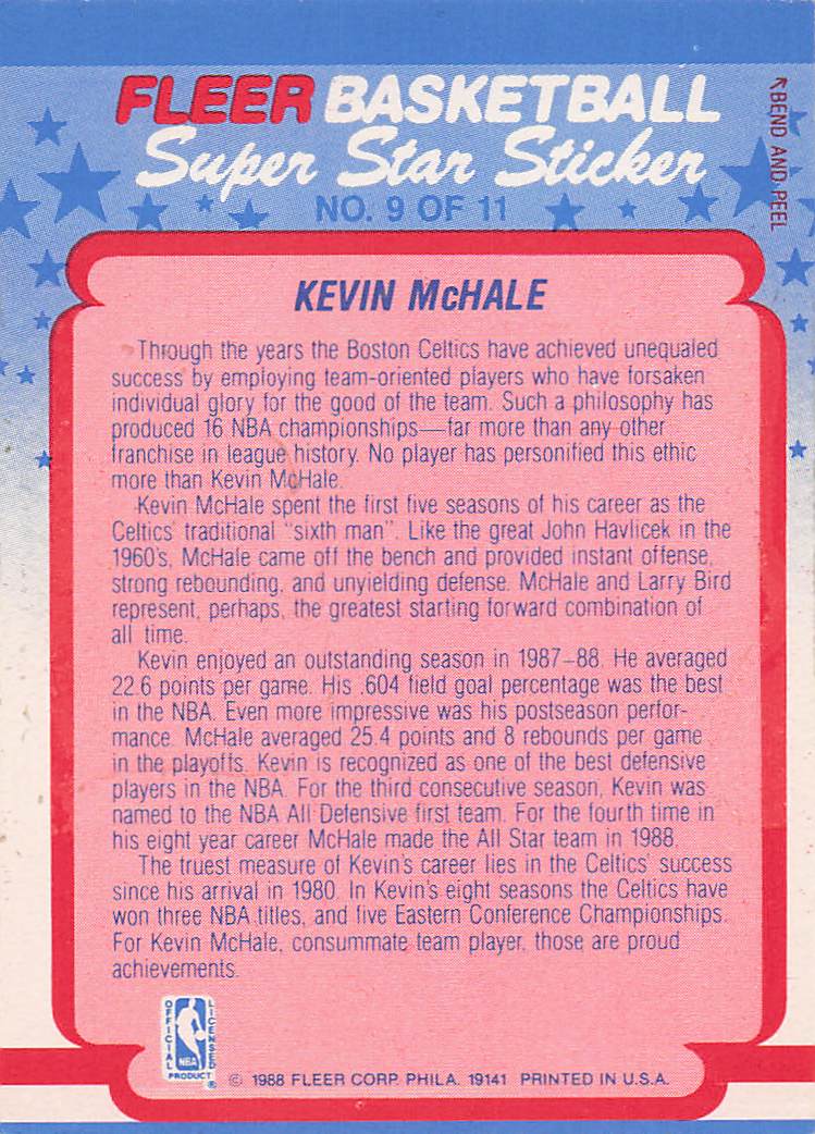 1988-89 Fleer Basketball Stickers Kevin McHale #9