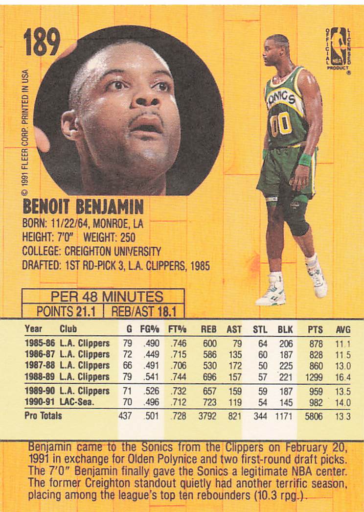 1991-92 Fleer Basketball Benoit Benjamin #189