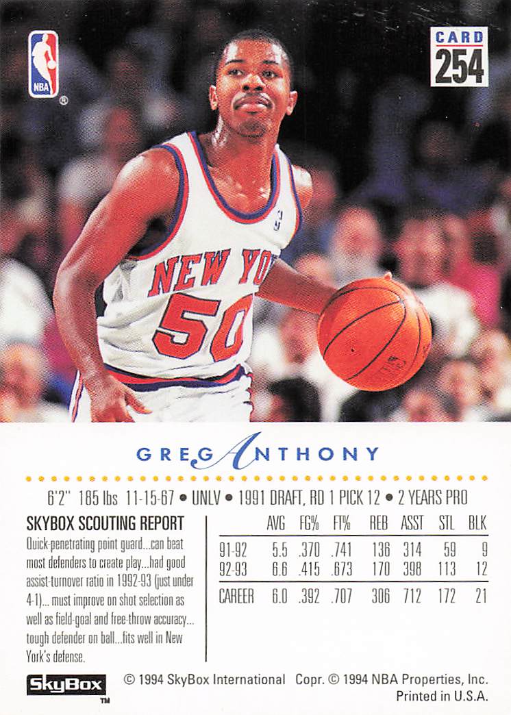 1993-94 SkyBox Premium Basketball Greg Anthony #254