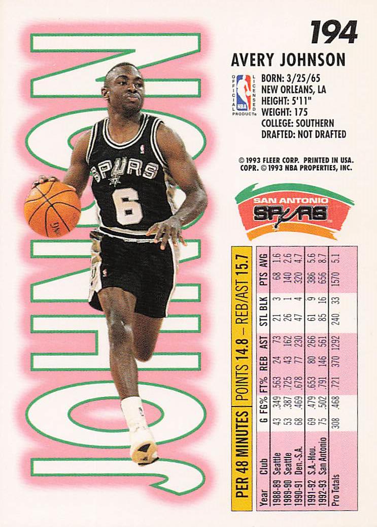 1993-94 Fleer Basketball Avery Johnson #194