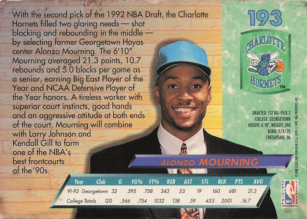 1992-93 Ultra Basketball Alonzo Mourning #193 Rookie