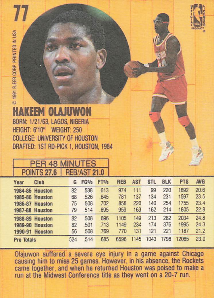 1991-92 Fleer Basketball Hakeem Olajuwon #77