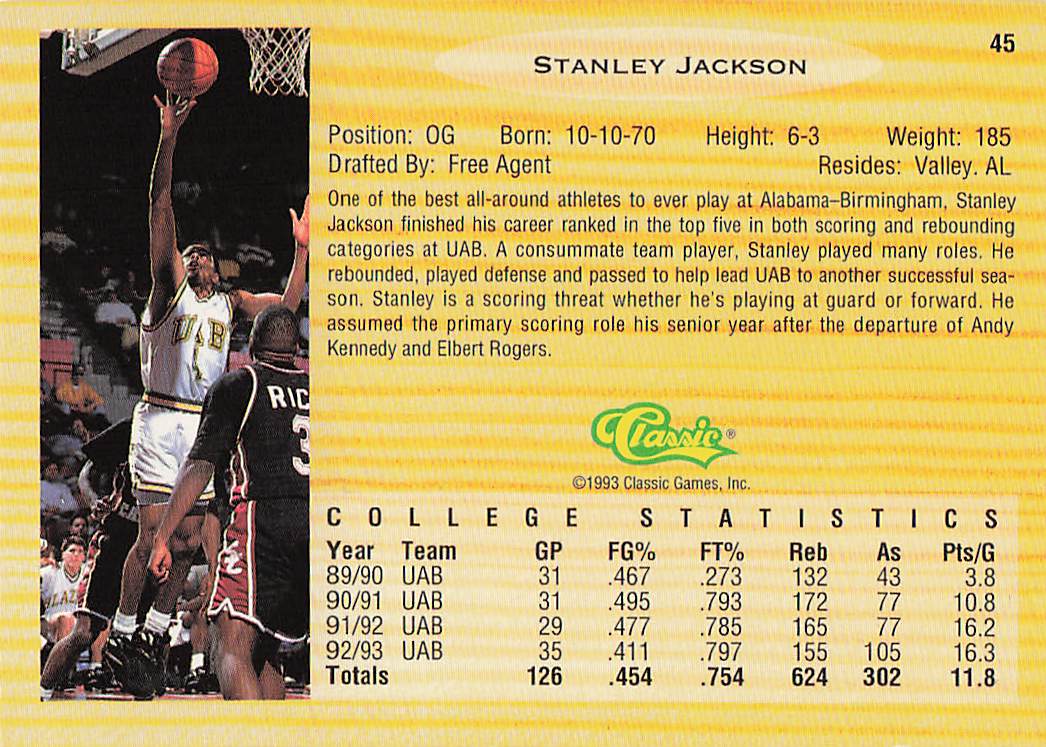 1993 Classic Draft Picks Basketball Stanley Jackson #45