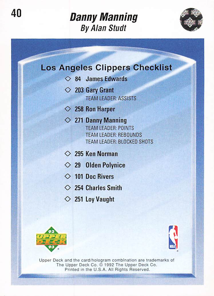 1992-93 Upper Deck Basketball Danny Manning #40b