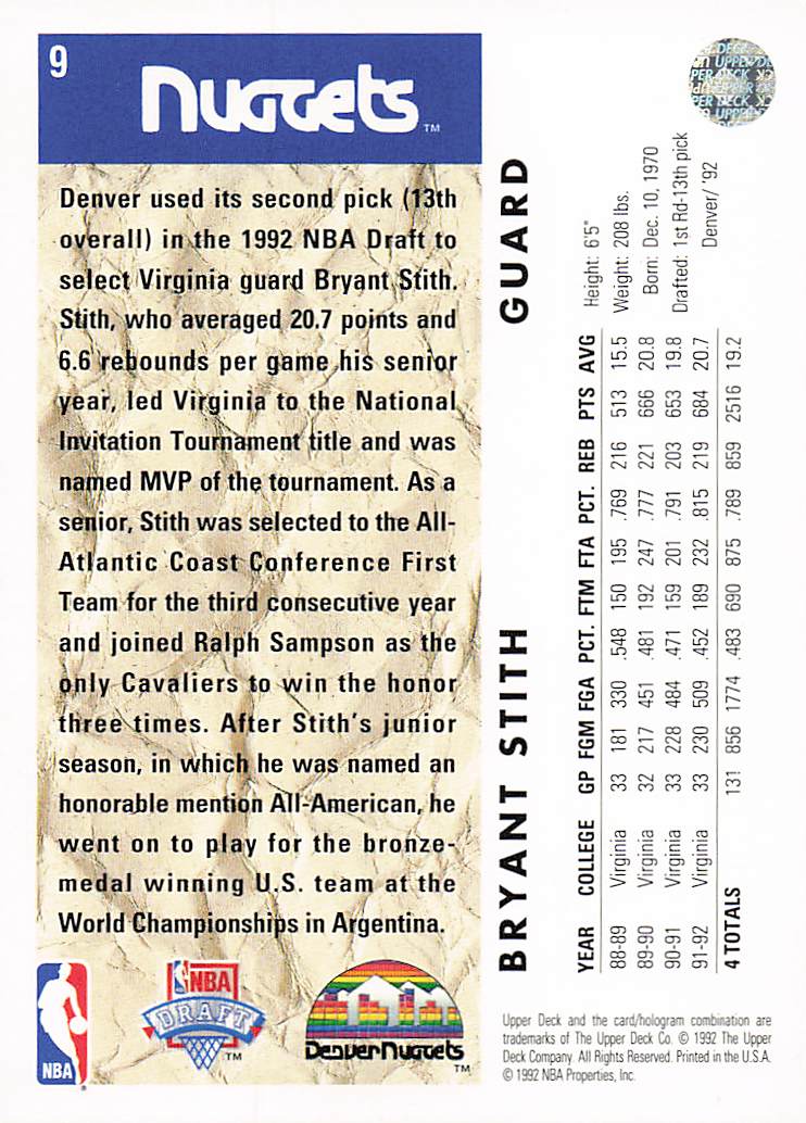 1992-93 Upper Deck Basketball Bryant Stith #9 Rookie