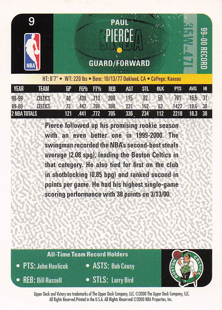 2000-01 Upper Deck Victory Basketball Paul Pierce #9