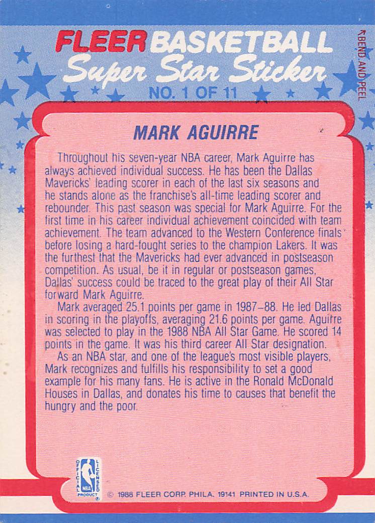 1988-89 Fleer Basketball Stickers Mark Aguirre #1