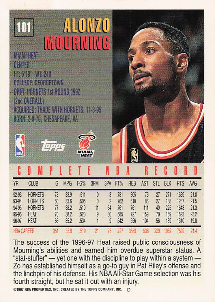 1997-98 Topps Basketball Alonzo Mourning #101