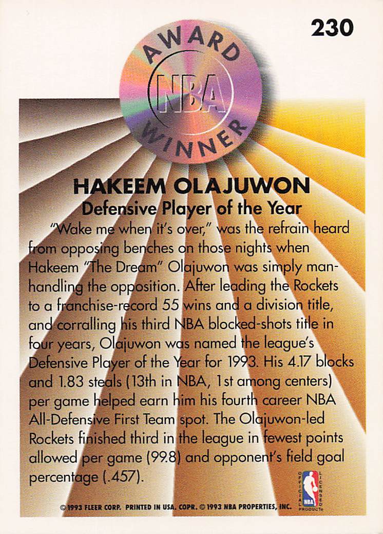 1993-94 Fleer Basketball Hakeem Olajuwon #230
