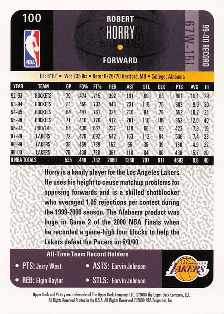 2000-01 Upper Deck Victory Basketball Robert Horry #100