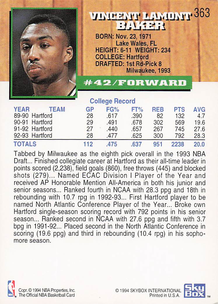 1993-94 Hoops Basketball Vin Baker #363 Rookie