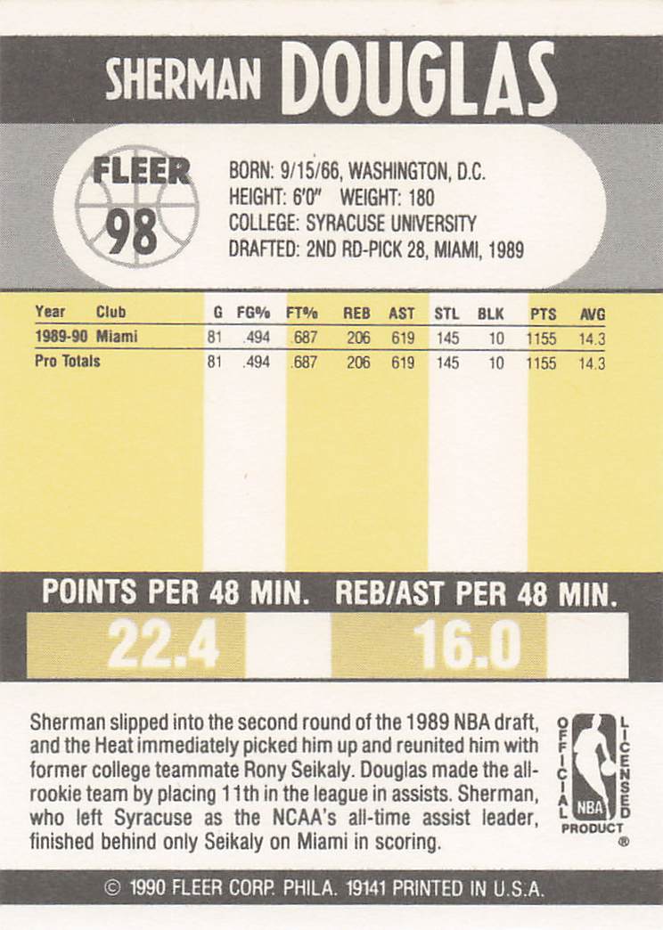 1990-91 Fleer Basketball Sherman Douglas #98b Rookie