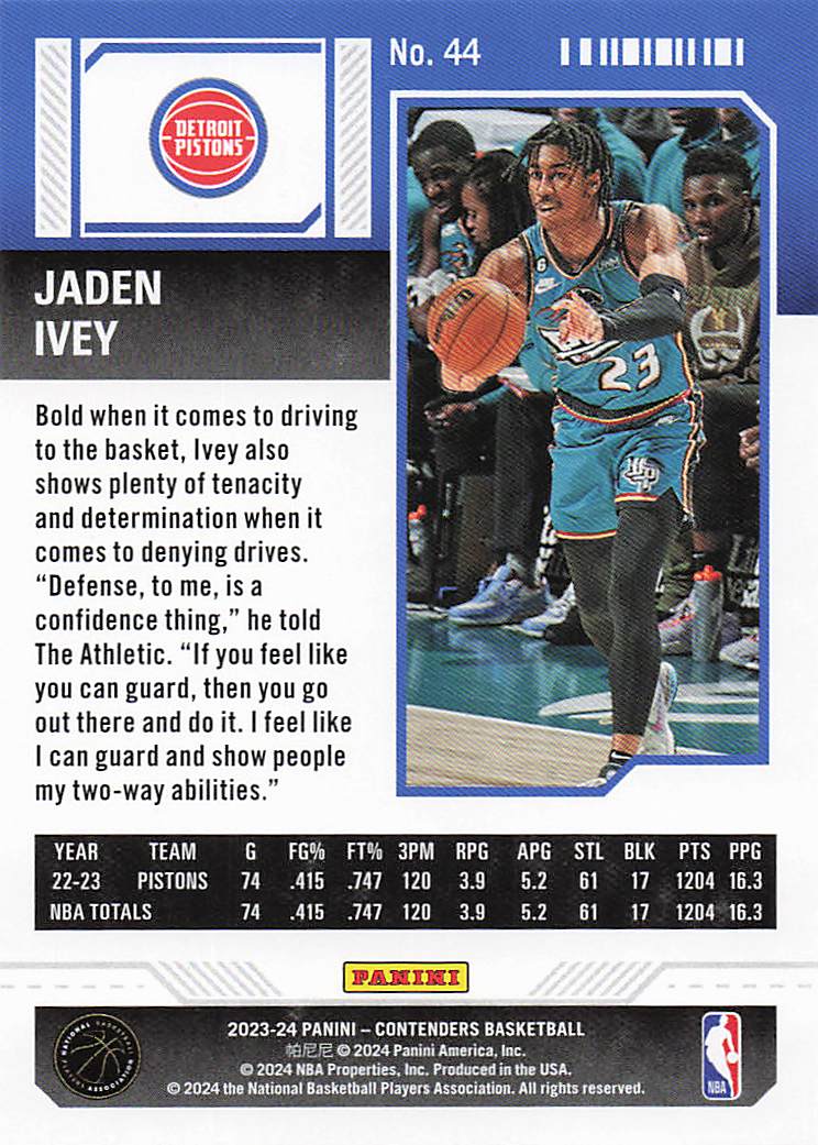 2023-24 Panini Contenders Basketball Season Ticket Retail Jaden Ivey #44