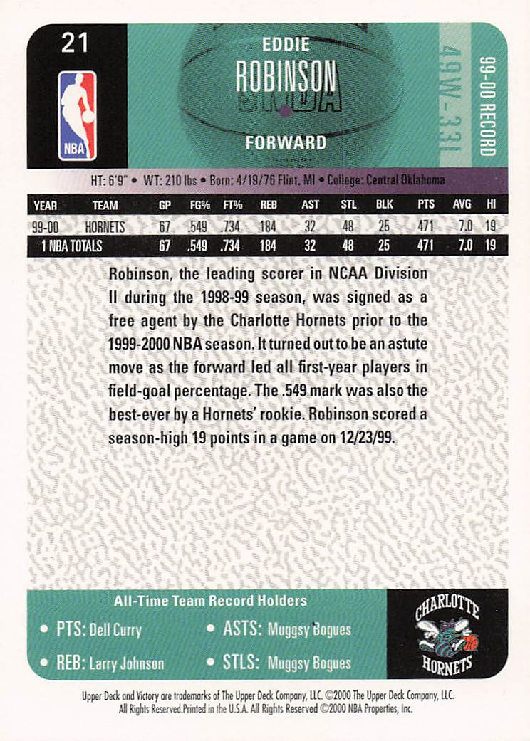 2000-01 Upper Deck Victory Basketball Eddie Robinson #21