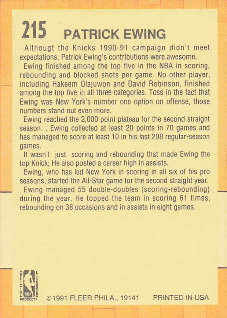 1991-92 Fleer Basketball Patrick Ewing #215