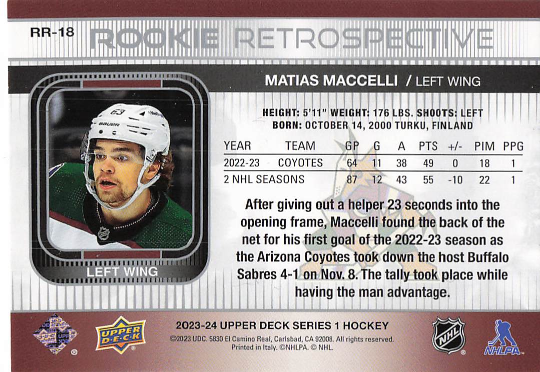 2023-24 Upper Deck Hockey Rookie Retrospective Matias Maccelli #RR-18