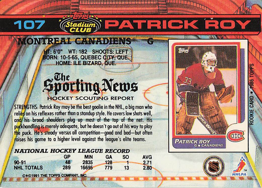 1991-92 Stadium Club Hockey Patrick Roy #107