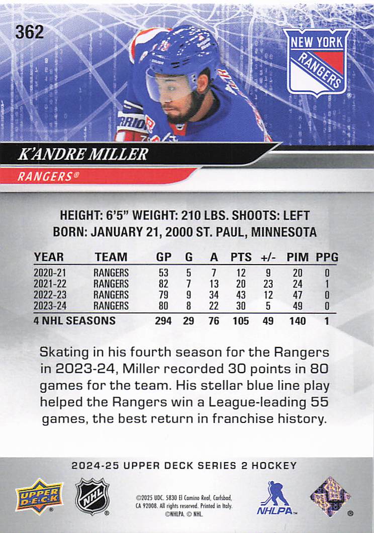 2024-25 Upper Deck Hockey K'Andre Miller #362