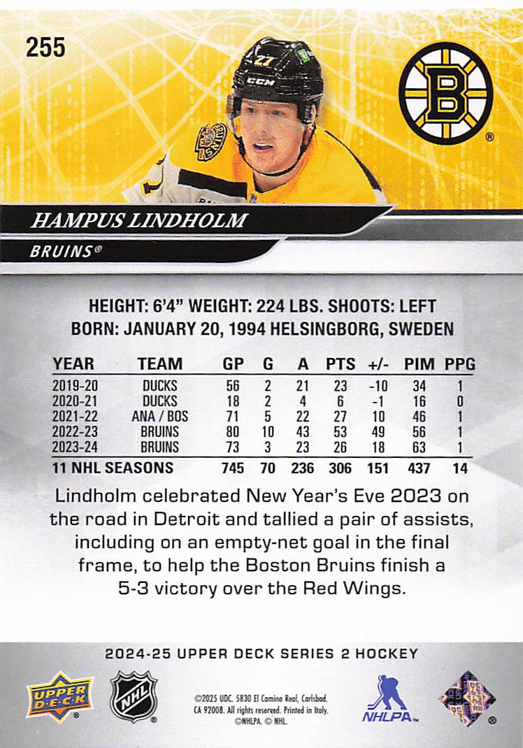 2024-25 Upper Deck Hockey Hampus Lindholm #255