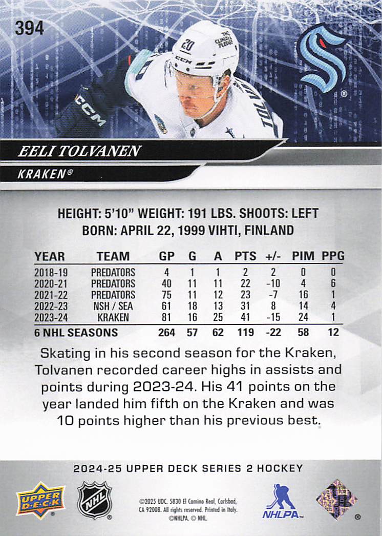 2024-25 Upper Deck Hockey Eeli Tolvanen #394