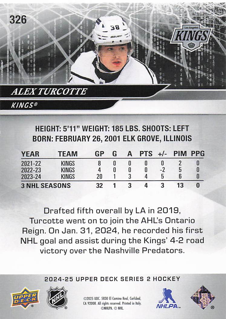 2024-25 Upper Deck Hockey Alex Turcotte #326