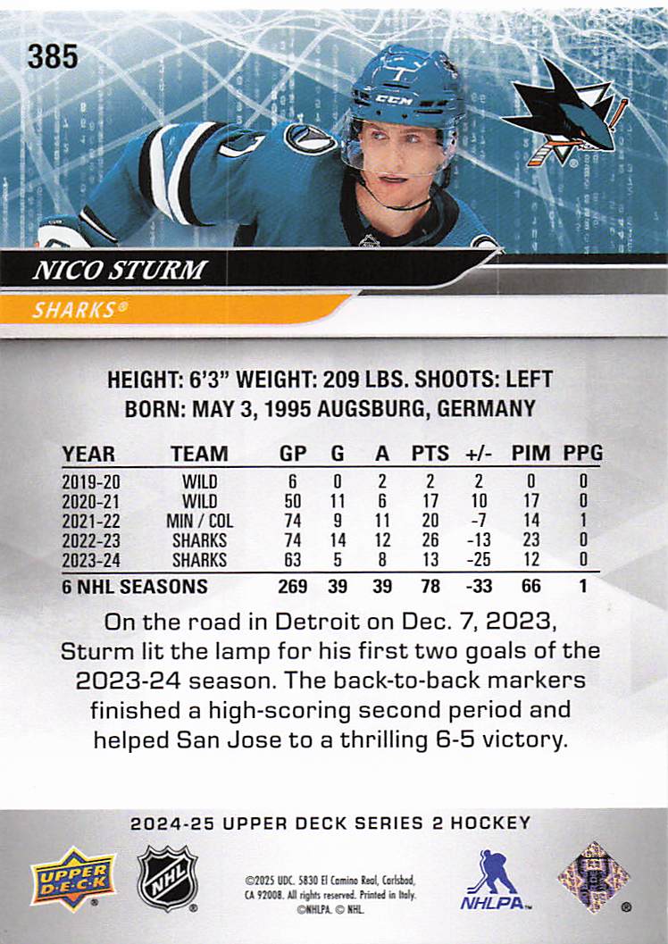 2024-25 Upper Deck Hockey Nico Sturm #385