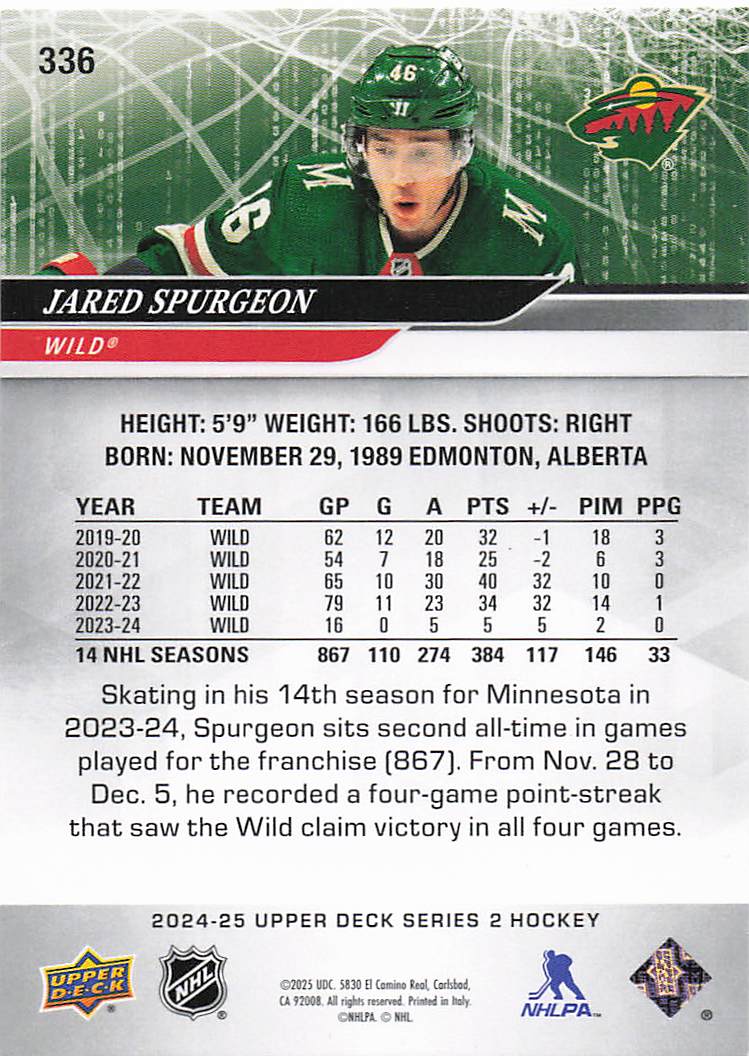 2024-25 Upper Deck Hockey Jared Spurgeon #336