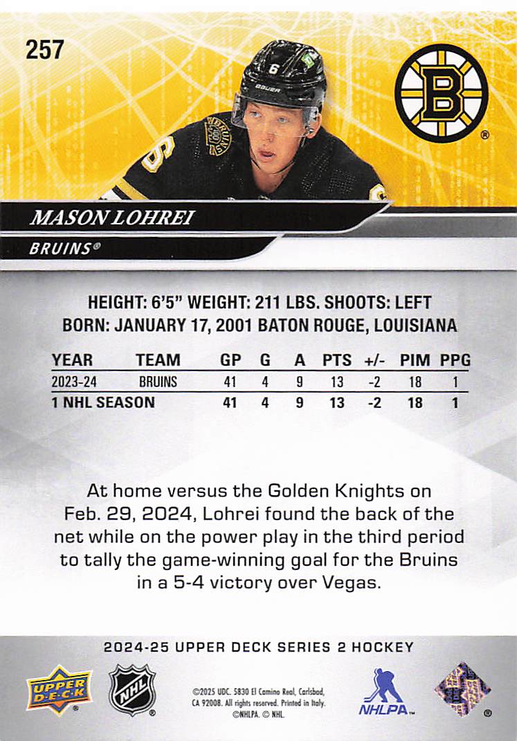 2024-25 Upper Deck Hockey Mason Lohrei #257
