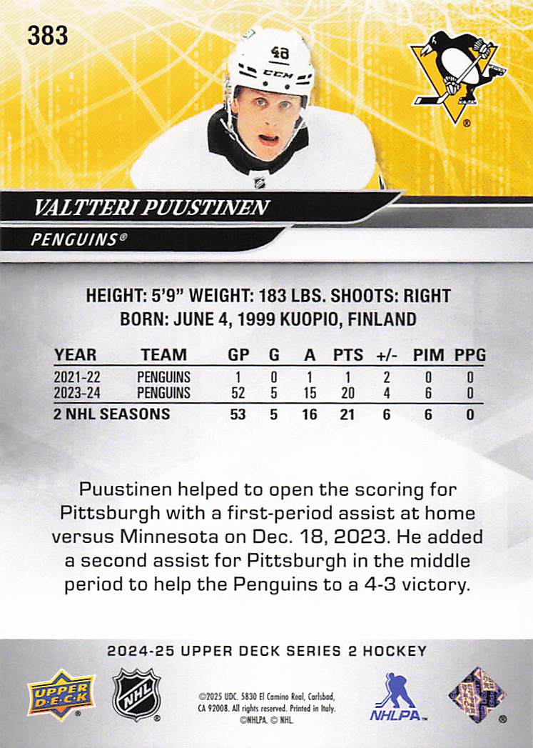 2024-25 Upper Deck Hockey Valtteri Puustinen #383