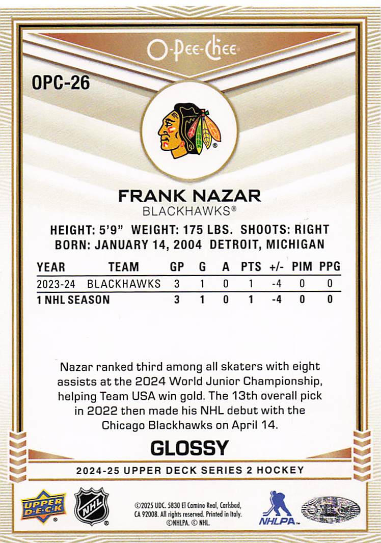 2024-25 Upper Deck Hockey O-Pee-Chee Glossy Frank Nazar #OPC-26