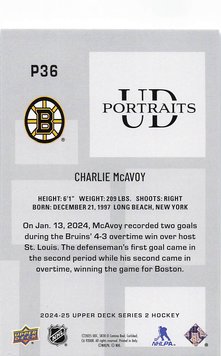 2024-25 Upper Deck Hockey UD Portraits Charlie McAvoy #P36