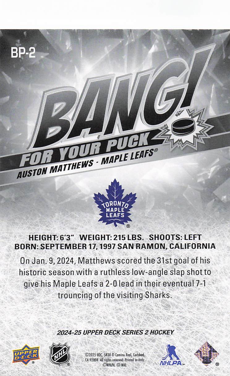 2024-25 Upper Deck Hockey Bang! For Your Puck Auston Matthews #BP-2