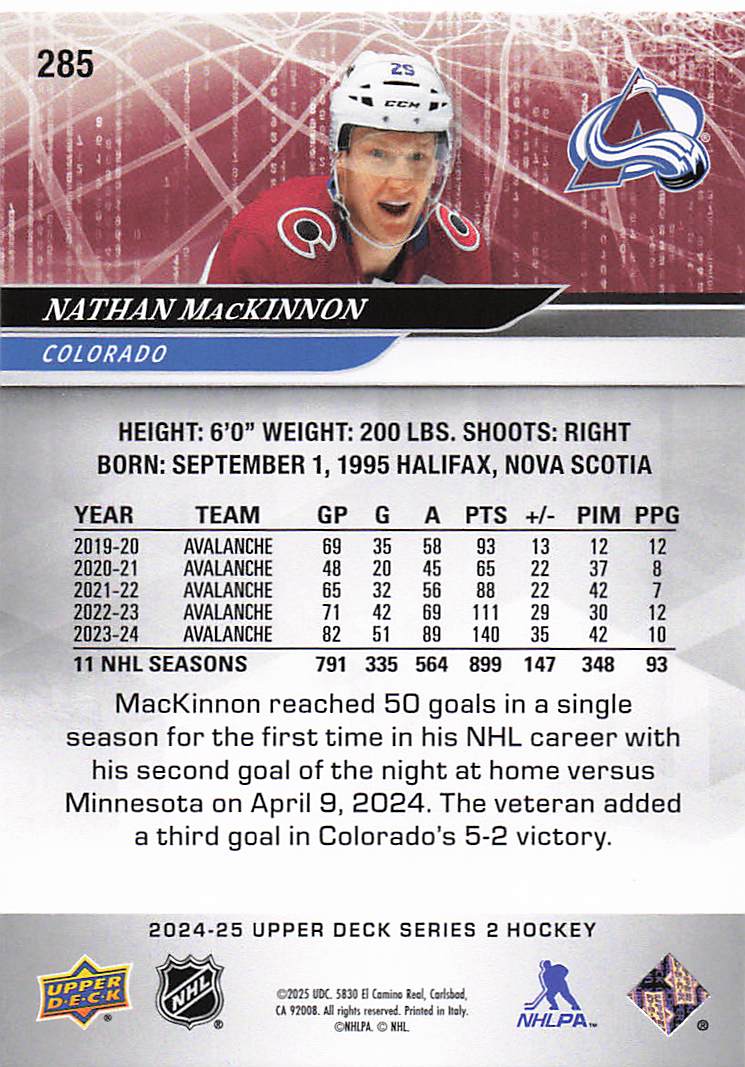 2024-25 Upper Deck Hockey Nathan MacKinnon #285