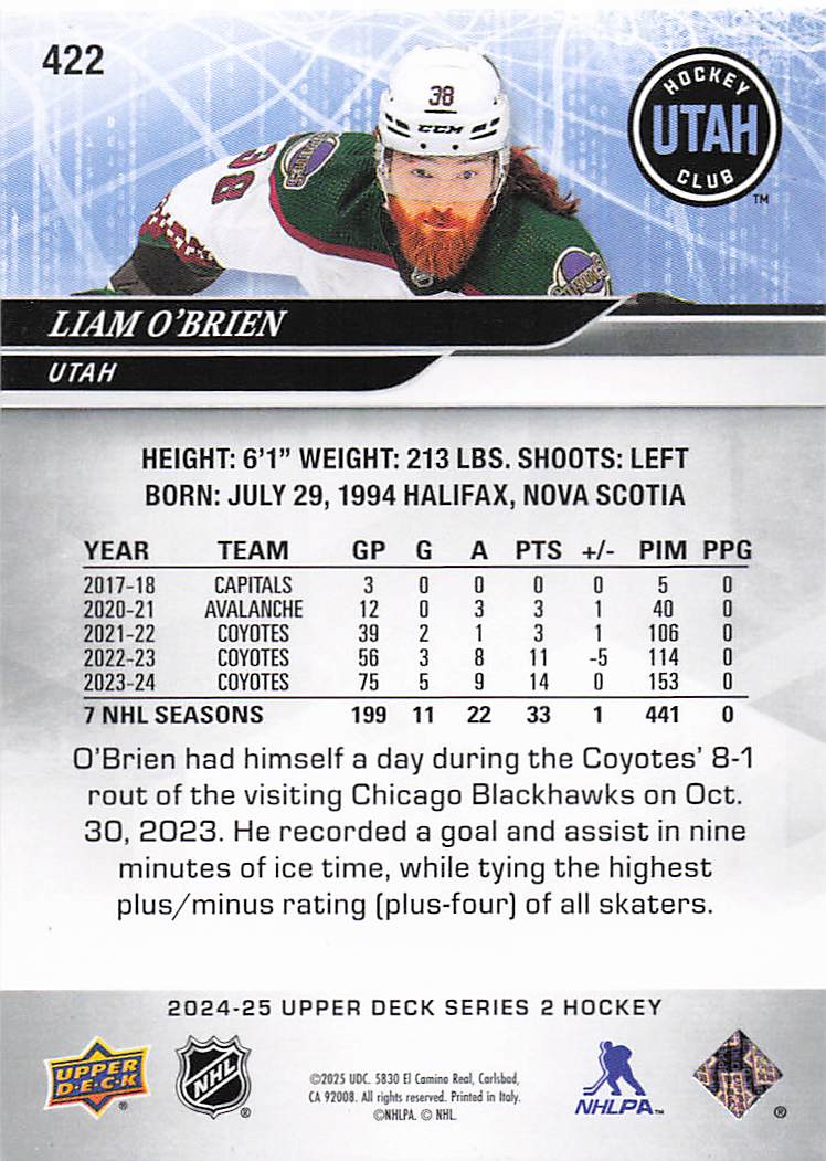 2024-25 Upper Deck Hockey Liam O'Brien #422