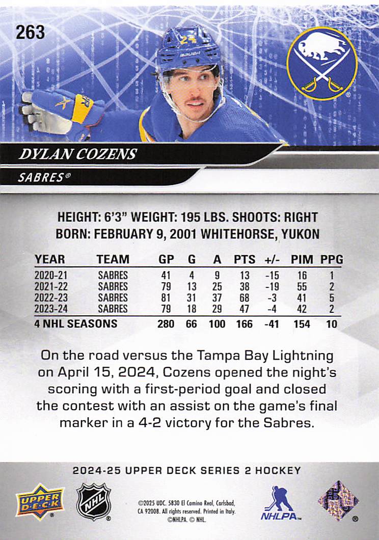 2024-25 Upper Deck Hockey Dylan Cozens #263