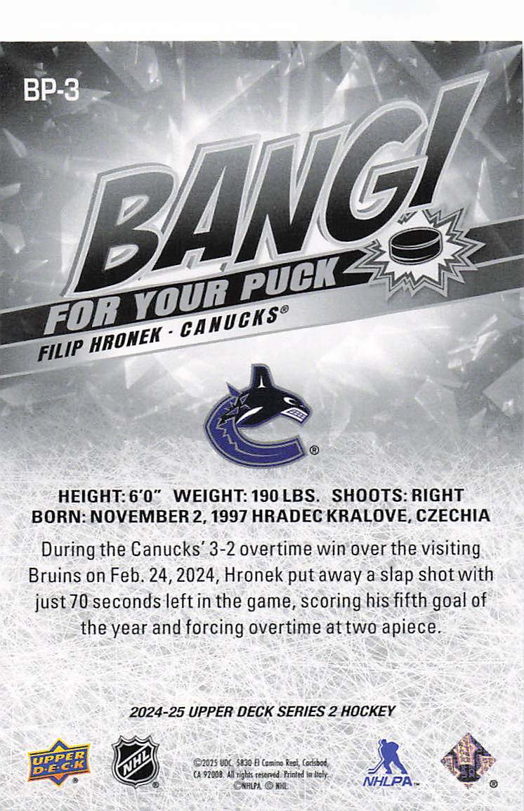 2024-25 Upper Deck Hockey Bang! For Your Puck Filip Hronek #BP-3