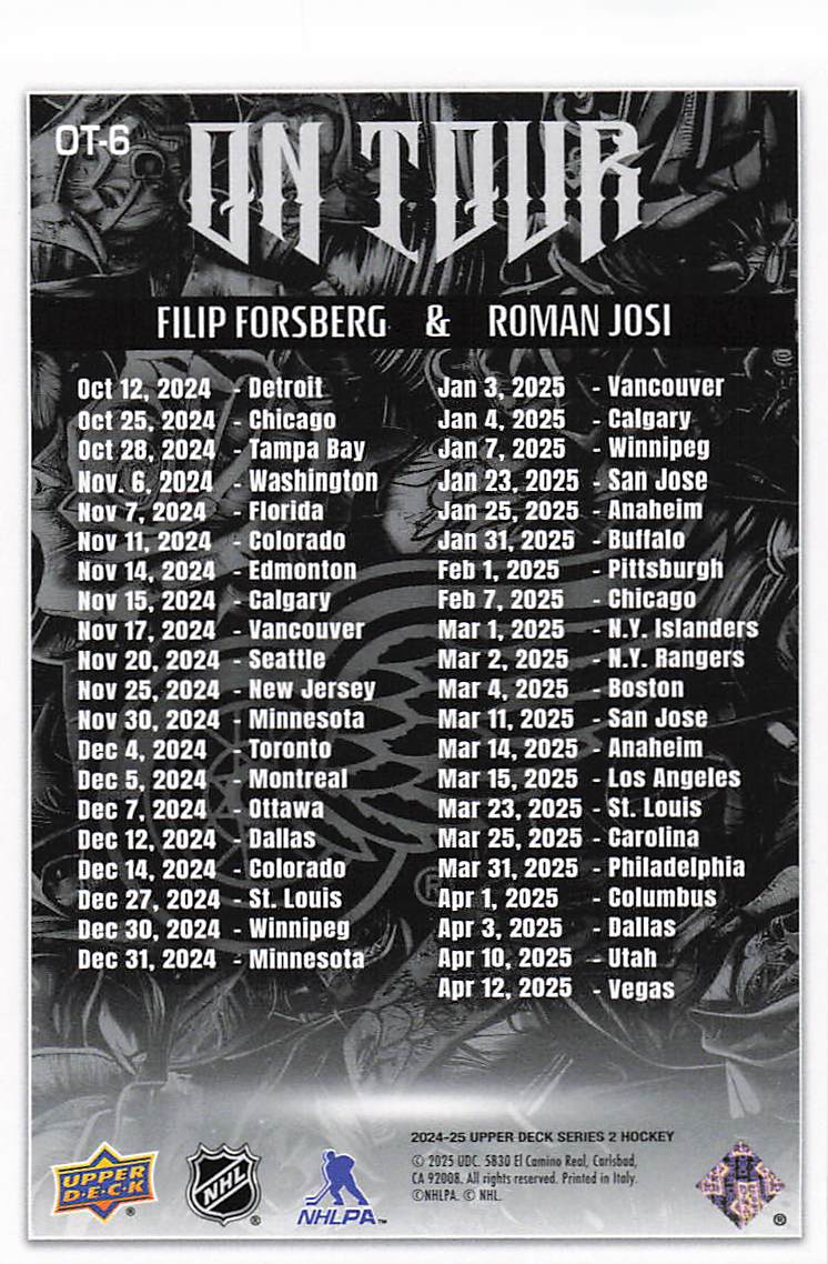 2024-25 Upper Deck Hockey On Tour Filip Forsberg / Roman Josi #OT-6